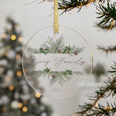 a glass ornament hanging from a christmas tree