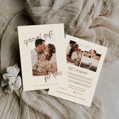 two wedding announcement cards with an image of a man and woman kissing on the forehead