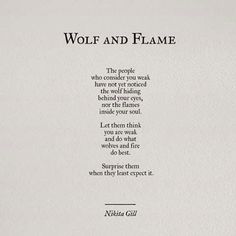 the poem wolf and flame is written in black ink on white paper with an image of a