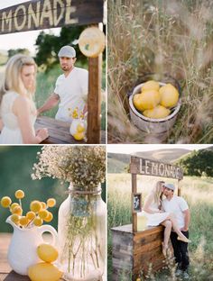 a couple sitting in front of lemonade stand