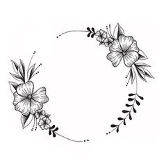 a black and white drawing of flowers in the shape of a circle on a white background