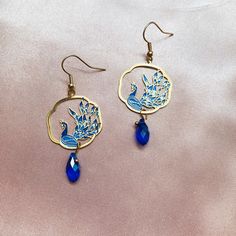 Blue Peacocks with Blue Crystals or Tassels Gold Plated Dangled Drop Earrings, Handmade Earrings, Bird Lover Gift Gift Peacock Design Dangle Earrings, Peacock Design Dangle Earrings For Gift, Blue Brass Earrings For Pierced Ears, Elegant Blue Peacock Design Earrings, Blue Teardrop Brass Earrings, Earrings Bird, Grape Earrings, Deco Blue, Blue Rain