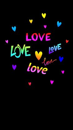 the words love are written in multicolored hearts on a black background with an image of