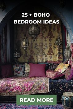 a bed room with lots of colorful pillows and blankets on the floor next to a rug