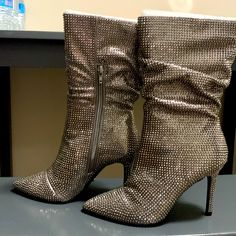 Thalia Sodi Raquell Pewter Bling Slouch Boots Size Us 6.5 New In Box 3.25” High Heels 1/2 Zip Silver Embellished Boots For Night Out, High Heel Silver Boots With Bling, Silver High Heel Boots With Bling, Silver Bling Boots With Round Toe, Glamorous Boots With Silver Studs For Night Out, Sparkling Silver Boots For Winter, Silver Sparkling Boots For Formal Occasions, Glamorous Silver-studded Boots For Night Out, Glamorous Formal Boots With Silver Studs