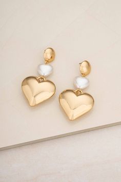 18kt gold plated zinc acrylic pearl 2.95" x 1.4" Heart Dangle Earrings, Curator Style, 18k Gold, Pearl Earrings, Gold Plate, Dangle Earrings, Plating, Gold