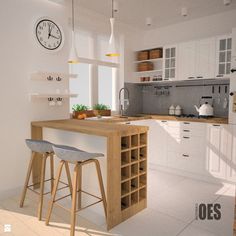 a kitchen with two stools next to a counter and a clock on the wall