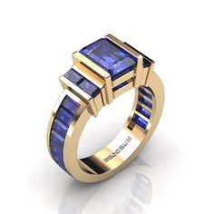 Decorum 14K Yellow Gold 2.0 Ct Emerald and Baguette Cut Blue | Etsy High Fashion Style, Modern Rings, Tanzanite Rings, Modern Engagement Ring, Beautiful Gold Rings, Modern Engagement Rings, Yellow Gold Engagement Rings, Bling Rings, Baguette Cut