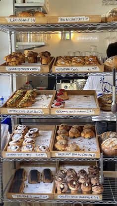 a display case filled with lots of different types of doughnuts and pastries