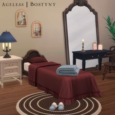 a bedroom with a bed, dresser and mirror in front of the wall that says ageless / bostiny