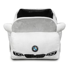 a white and black bmw car shaped chair