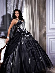 Black and white wedding dress Black Quinceanera Dresses, Quinceanera Collection, Princess Gowns, Dress Quinceanera, Hat Jewelry, Steampunk Wedding, Wedding Dresses With Straps, Fantasy Dresses