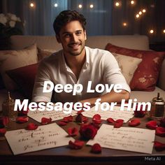 a man sitting at a table with roses on it and the words deep love messages for him