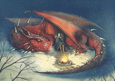 a red dragon sitting on top of a snow covered ground next to a fire pit