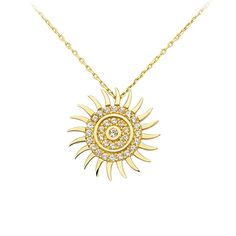 The 14K Gold CZ Sun Necklace embodies the radiance of the sun in a dainty and sparkling design. This elegant piece is perfect for women, making it an ideal Mother's Day or anniversary gift that symbolizes warmth, positivity, and brightness. Product Features: * Made to Order: Crafted specifically to your preferences. * Gold KT: 14K Solid Gold (stamped) * Gold Color Options: Choose from Yellow, Rose, or White Gold to suit your preference. * Gold Weight: Approximately 2.10 grams for an 18" chain (m Gold Celestial Necklace With Cubic Zirconia, Diamond White Round Celestial Necklace, Diamond White Celestial Round Necklace, Celestial Diamond Necklace For Gift, Celestial Diamond Necklace Gift, Spiritual Round Cubic Zirconia Necklace, Celestial Cubic Zirconia Round Necklace, Celestial Pendant Necklace With Diamond Accents, Celestial Pendant Jewelry With Cubic Zirconia