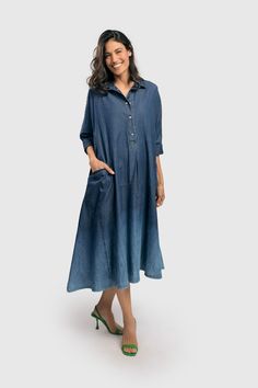 LUZ OMBRÉ TRAPEZE MAXI DRESS, DENIM EASTER DRESS FOR WOMEN Dress Denim, Elbow Sleeve, Oversized Silhouette, Dip Dye, Plus Size Fashion