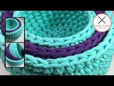 a crocheted basket with purple and blue yarn on the bottom, sitting next to a pair of slippers