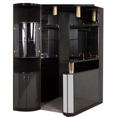 a tall black cabinet with gold trimmings on the doors and shelves, in front of a white background