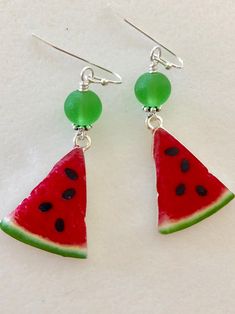 Watermelon Earrings, Red Enamel Watermelon Charm, Lampwork Earrings, Summer Earrings, Foodie, Picnic Earrings, Novelty Jewelry - Etsy Watermelon Colored Summer Jewelry Gift, Summer Watermelon Colored Jewelry For Gift, Green Teardrop Jewelry For Summer, Handmade Watermelon Colored Jewelry For Gift, Handmade Watermelon-colored Jewelry Gift, Green Summer Jewelry With Fruit Design, Handmade Watermelon Colored Dangle Jewelry, Handmade Watermelon Color Dangle Jewelry, Fun Red Resin Earrings