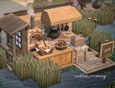 an animated image of a small house with food on the porch and in the water