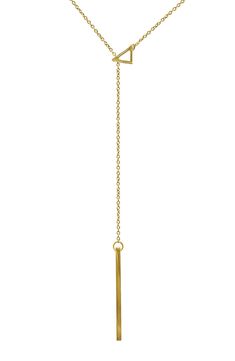 14k yellow gold vermeil brass triangle lariat necklace. Triangle is 10mm x 10mm. Bar is 34mm x 2mm, 28" long. Lobster clasp. Imported Minimalist Yellow Gold Lariat Necklace, Elegant Gold Brass Lariat Necklace, Elegant Yellow Gold Brass Lariat Necklace, Gold-tone Lariat Necklace, Luxury Brass Lariat Necklace, Custom Name Necklace, Lariat Necklace, Name Necklace, Gold Vermeil