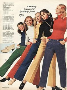 70's 2024 Clothes, Decades Fashion, Cord Jeans, Ruby Tuesday, Fashion Ads, 70’s Style