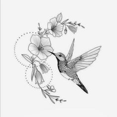 a black and white drawing of a hummingbird with flowers