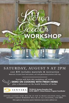 an advertisement for the kitchen garden workshop with potted plants in buckets on a table