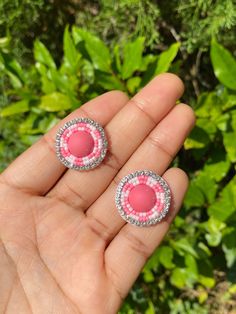 These might be mini but they sure set the stage! It's pink & light pink with a sliver rhinestone lining & pink backing. it's really vibrant, cute, and compliments guaranteed Size: about 2cm Support Indigenous Owned Brands Pink Round Earrings For Jewelry Making, Pink Round Clip-on Earrings For Gift, Round Pink Earrings For Jewelry Making, Pink Round Beaded Earrings, Beaded Earrings Native Beadwork, Native Beaded Earrings, Native Earrings, Earrings Native American, Beaded Earrings Native