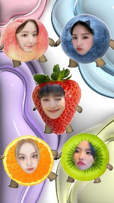 an image of four people with different hair colors and fruit on their heads, all looking at the same person's face