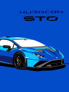 On a flat blue background is a block colour representation of an angular, blue Lamborghini car, which is shown from a three quarter front view. The design emphasizes the ridiculous vents and aerodynamic features. In the top right corner is the logo with the words 'Huracán STO' in capitals. Huracan Sto, Car Iphone Wallpaper, Motorsport Art, R34 Gtr, Mitsubishi Lancer Evolution, Car Illustration, Car Sketch, Lamborghini Huracan, Automotive Art