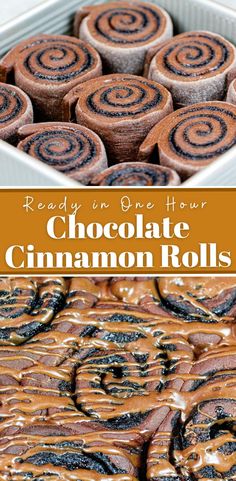 chocolate cinnamon rolls in a pan with text overlay