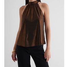 Express Bronze Metallic Tie Halter Neck Tank. Size Medium, Nwt. Gold Sleeveless Top For Date Night, Chic Gold Stretch Top, Chic Gold Tops For Date Night, Elegant Gold Tops For Date Night, White Dress Top, Spaghetti Strap Blouses, Burgundy Blouse, Sheer Floral Blouse, Blush Pink Dresses