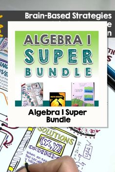 a hand holding a pen over a pile of paper with the words,'algera super bundle '