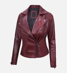 Immerse in the rugged allure of our women’s Christmas red leather jacket that stuns in a vibrant red color. It is crafted using real leather and features a zipper closure at front along with an asymmetrical front and an adjustable waist belt that is an ideal feature of this biker jacket. Whether you are headed for a riding adventure on your motorcycle or just want to make an appealing appearance on an occasion, this leather jacket is the best way to turn your boring outfits into something chic a Boring Outfits, Maroon Leather Jacket, Pink Leather Jacket, Green Leather Jackets, Blue Leather Jacket, White Leather Jacket, Maroon Leather, Brown Leather Jacket, Christmas Red