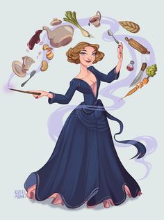 a woman in a long blue dress holding a knife and spoon with food on it