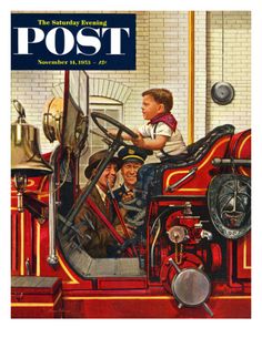 a painting of two boys sitting on top of a red firetruck with an older man in the driver's seat