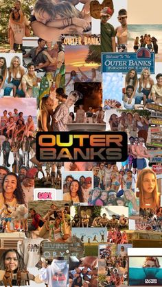 a collage of photos with the words outer banks on it and images of people in swimsuits