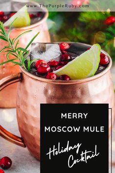 two copper mugs filled with cranberry moscow