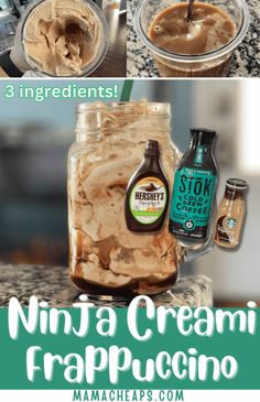 the ingredients to make an ice cream frappuccino are shown in this collage