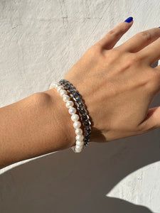 MEDIUM CHAIN X FRESHWATER PEARL BRACELET SET SILVER – Rimor Jewelry Bracelet Set Silver, Freshwater Pearl Bracelet, Steel Chain, Stainless Steel Chain, Pearl Bracelet, Bracelet Set, Mens Bracelet, Fresh Water, Freshwater Pearls