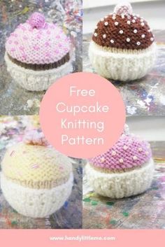 three knitted cupcakes sitting on top of each other with the words free cupcake knitting pattern