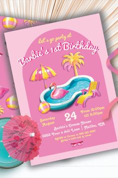 a pink birthday party card with an umbrella and flamingo in the pool on it