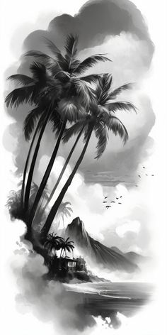 black and white painting of palm trees on the beach