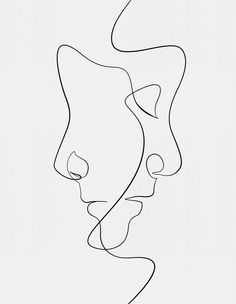 a black and white line drawing of two people's faces, one is facing each other