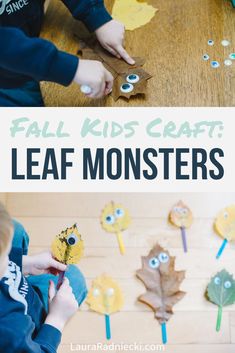 kids are making leaf monsters out of paper plates and leaves with googly eyes on them