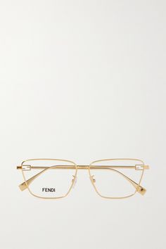 The almost micro version of the 'FF' logo on the arms of FENDI Eyewear's 'Baguette' glasses echo the same hardware found on the brand's signature bag. Crafted from gold-tone metal, they have sleek square frames and optical lenses - replace them with your own prescription or UV ones instead. Designer Gold Square Frame Sunglasses, Fendi Sunglasses Women, Luxury Gold Sunglasses With Metal Frame, Fendi Glasses Eyeglasses, Fendi Glasses, Fendi Eyewear, Luxury Glasses, Fendi Vintage Sunglasses, Fendi Sunglasses