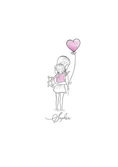 a drawing of a girl holding a heart shaped balloon