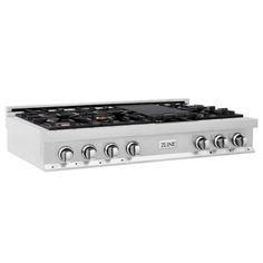 a stainless steel stove top with four burners and three knobs on the side