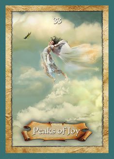 a card with an image of a woman flying through the air in front of clouds